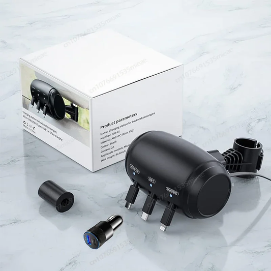 FreedomAutoGear™ 3-in-1 Retractable Car Charging Station for Backseat – 36W Fast Charging Headrest Dock with USB-C, Lightning & Micro-USB Cables